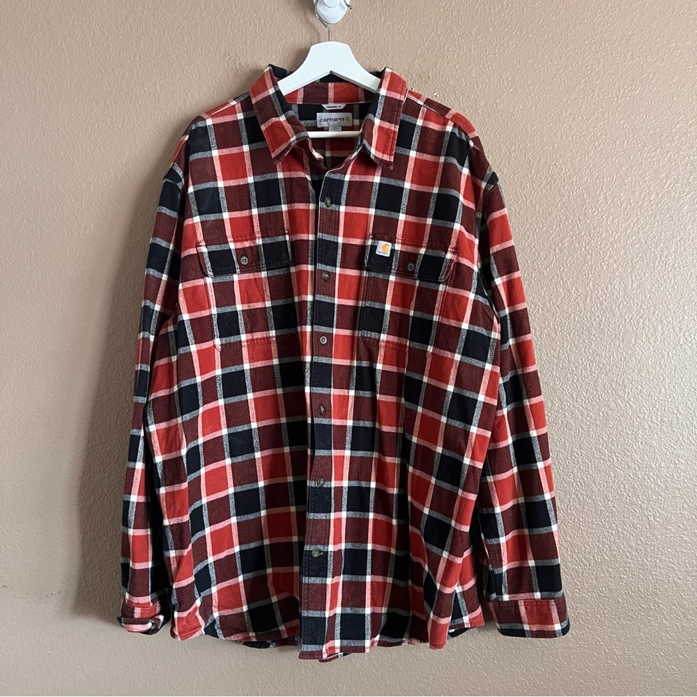 Carhartt Men's Red and Black Plaid Flannel Classic Fit Shirt Size 2XL